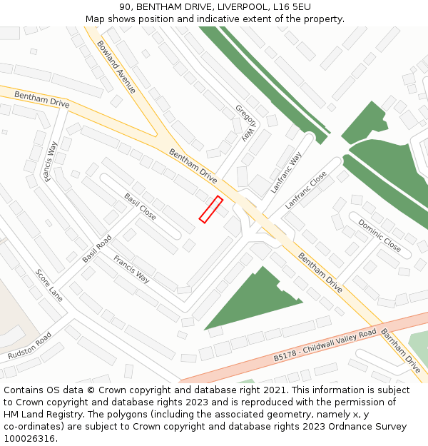 90, BENTHAM DRIVE, LIVERPOOL, L16 5EU: Location map and indicative extent of plot