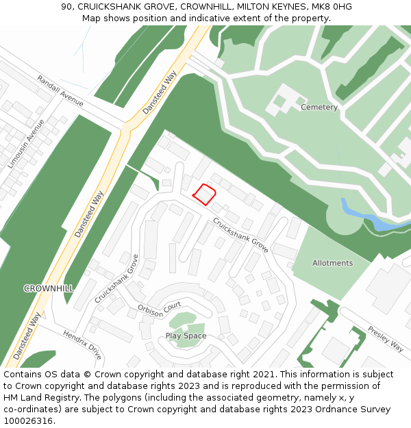 90, CRUICKSHANK GROVE, CROWNHILL, MILTON KEYNES, MK8 0HG: Location map and indicative extent of plot