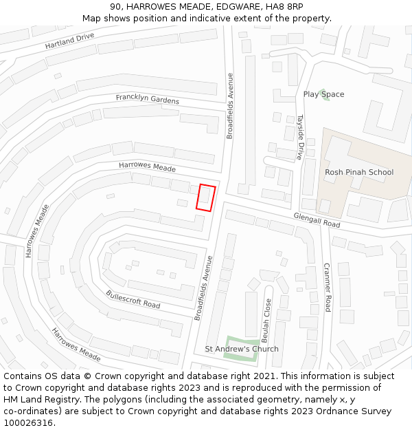 90, HARROWES MEADE, EDGWARE, HA8 8RP: Location map and indicative extent of plot