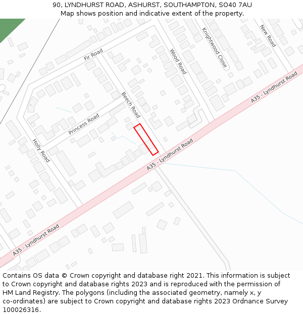 90, LYNDHURST ROAD, ASHURST, SOUTHAMPTON, SO40 7AU: Location map and indicative extent of plot