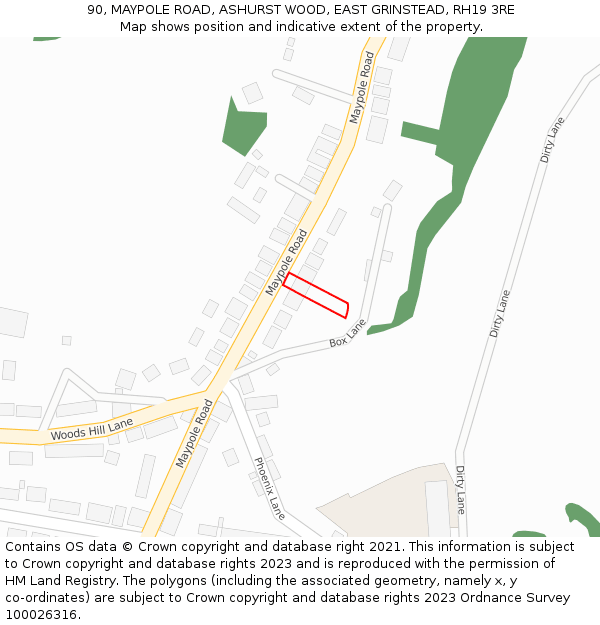 90, MAYPOLE ROAD, ASHURST WOOD, EAST GRINSTEAD, RH19 3RE: Location map and indicative extent of plot