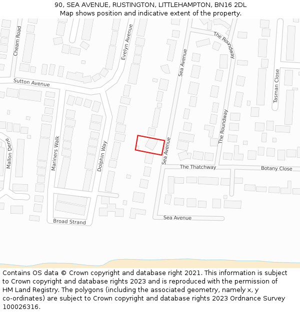 90, SEA AVENUE, RUSTINGTON, LITTLEHAMPTON, BN16 2DL: Location map and indicative extent of plot