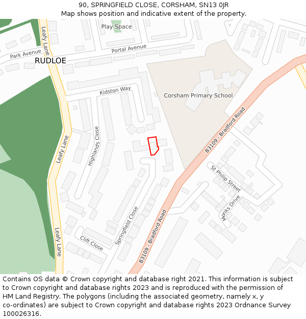 90, SPRINGFIELD CLOSE, CORSHAM, SN13 0JR: Location map and indicative extent of plot