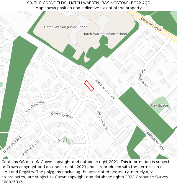 90, THE CORNFIELDS, HATCH WARREN, BASINGSTOKE, RG22 4QD: Location map and indicative extent of plot