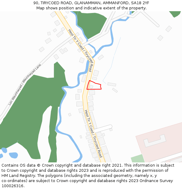 90, TIRYCOED ROAD, GLANAMMAN, AMMANFORD, SA18 2YF: Location map and indicative extent of plot