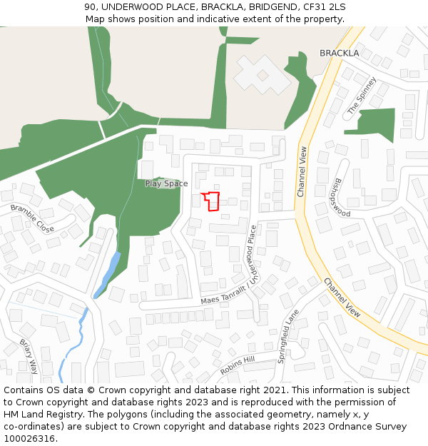 90, UNDERWOOD PLACE, BRACKLA, BRIDGEND, CF31 2LS: Location map and indicative extent of plot