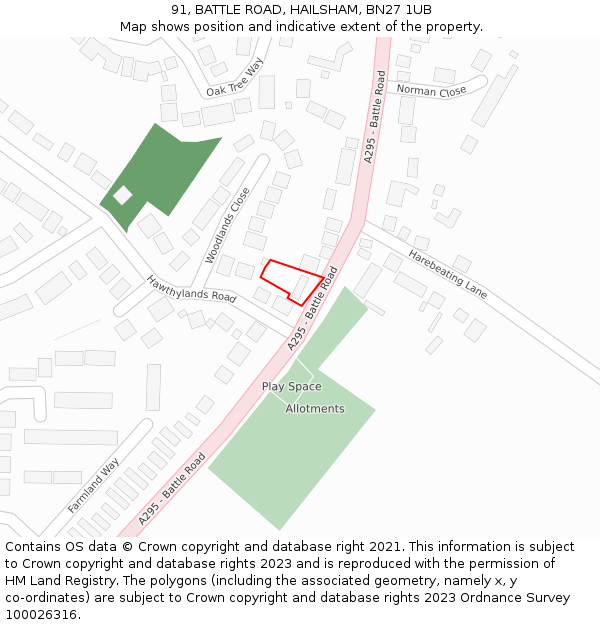 91, BATTLE ROAD, HAILSHAM, BN27 1UB: Location map and indicative extent of plot