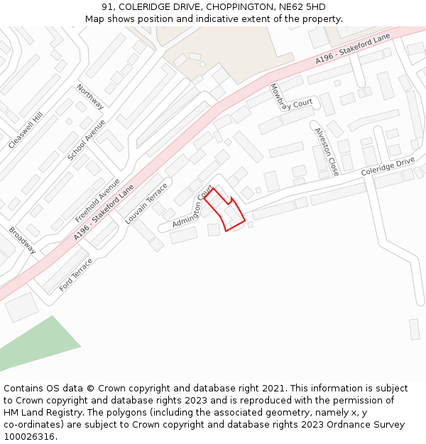 91, COLERIDGE DRIVE, CHOPPINGTON, NE62 5HD: Location map and indicative extent of plot