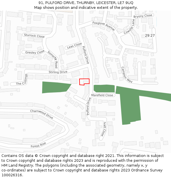 91, PULFORD DRIVE, THURNBY, LEICESTER, LE7 9UQ: Location map and indicative extent of plot