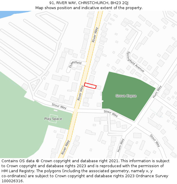 91, RIVER WAY, CHRISTCHURCH, BH23 2QJ: Location map and indicative extent of plot