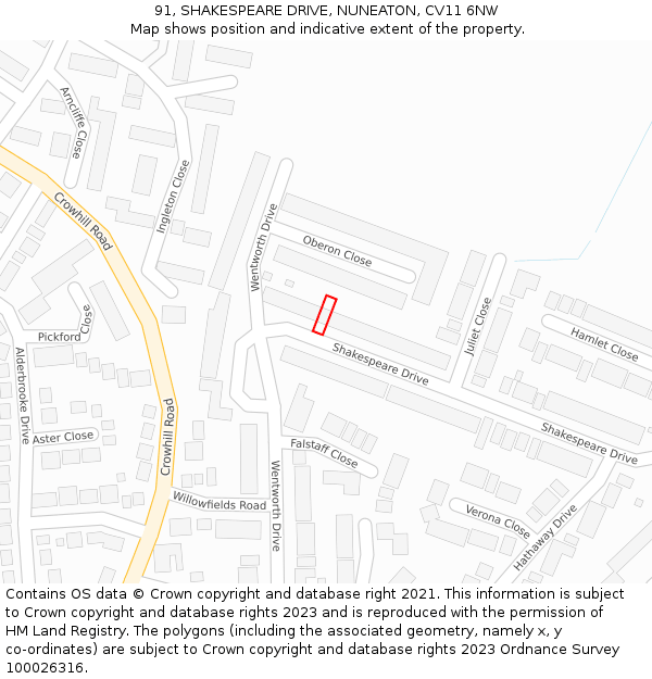 91, SHAKESPEARE DRIVE, NUNEATON, CV11 6NW: Location map and indicative extent of plot