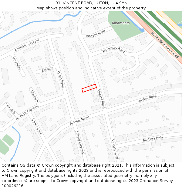 91, VINCENT ROAD, LUTON, LU4 9AN: Location map and indicative extent of plot