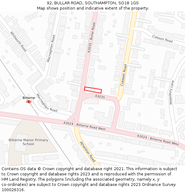 92, BULLAR ROAD, SOUTHAMPTON, SO18 1GS: Location map and indicative extent of plot