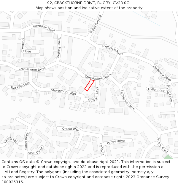 92, CRACKTHORNE DRIVE, RUGBY, CV23 0GL: Location map and indicative extent of plot