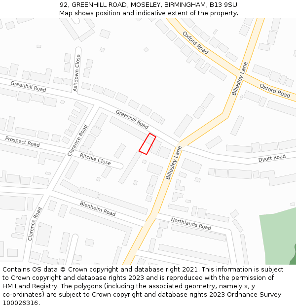 92, GREENHILL ROAD, MOSELEY, BIRMINGHAM, B13 9SU: Location map and indicative extent of plot