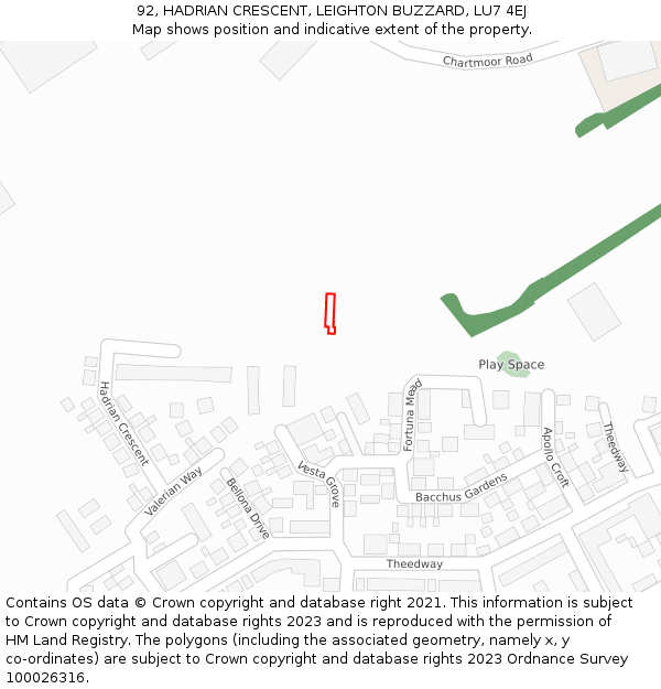 92, HADRIAN CRESCENT, LEIGHTON BUZZARD, LU7 4EJ: Location map and indicative extent of plot