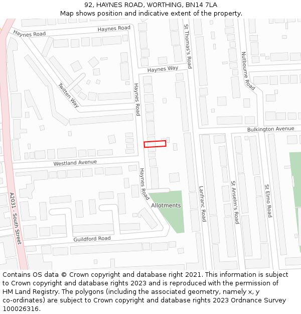 92, HAYNES ROAD, WORTHING, BN14 7LA: Location map and indicative extent of plot