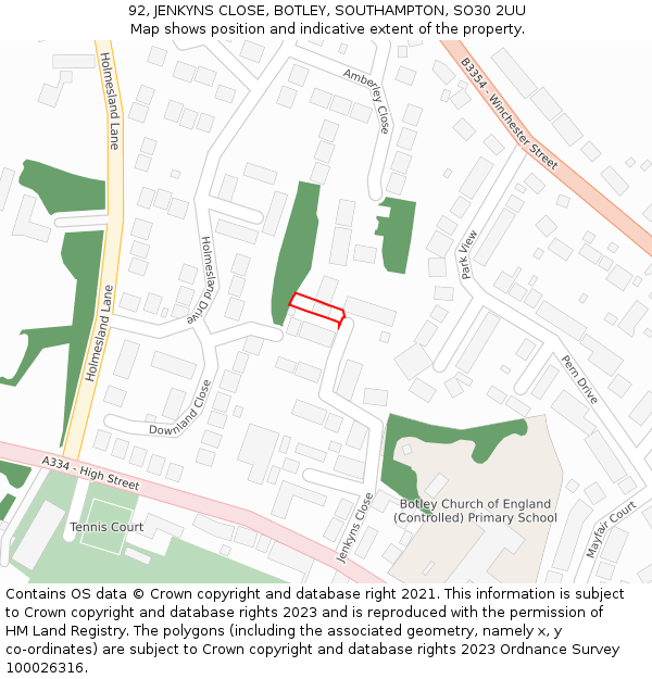 92, JENKYNS CLOSE, BOTLEY, SOUTHAMPTON, SO30 2UU: Location map and indicative extent of plot