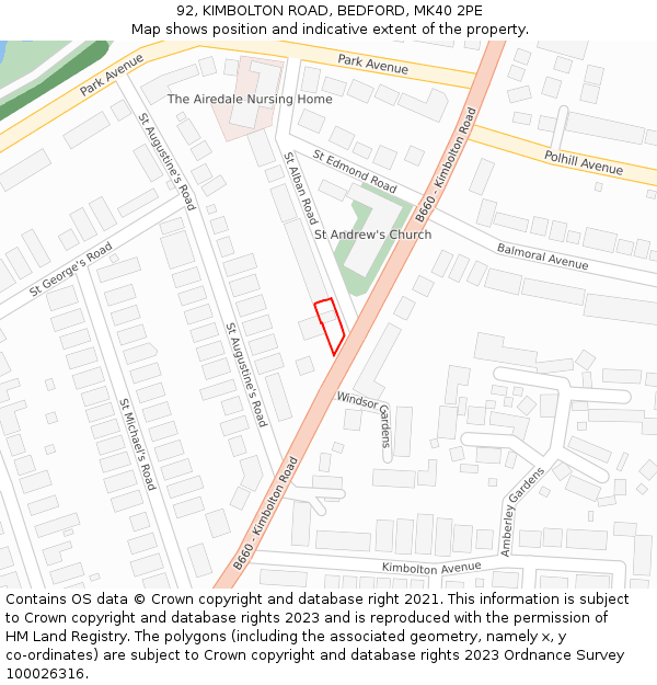 92, KIMBOLTON ROAD, BEDFORD, MK40 2PE: Location map and indicative extent of plot