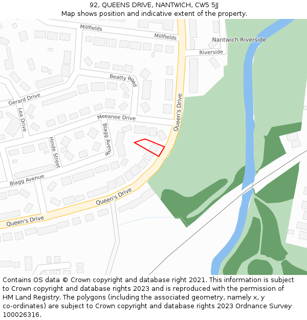 92, QUEENS DRIVE, NANTWICH, CW5 5JJ: Location map and indicative extent of plot