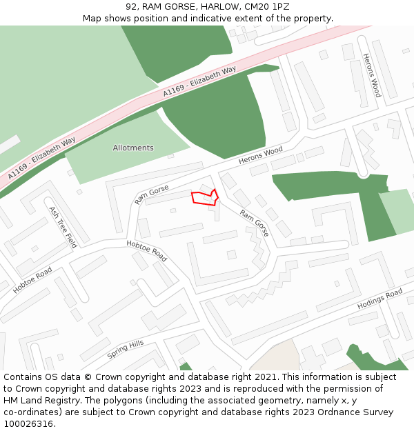 92, RAM GORSE, HARLOW, CM20 1PZ: Location map and indicative extent of plot