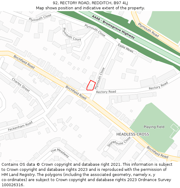 92, RECTORY ROAD, REDDITCH, B97 4LJ: Location map and indicative extent of plot