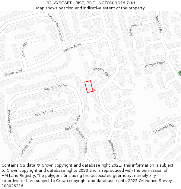 93, AYSGARTH RISE, BRIDLINGTON, YO16 7HU: Location map and indicative extent of plot