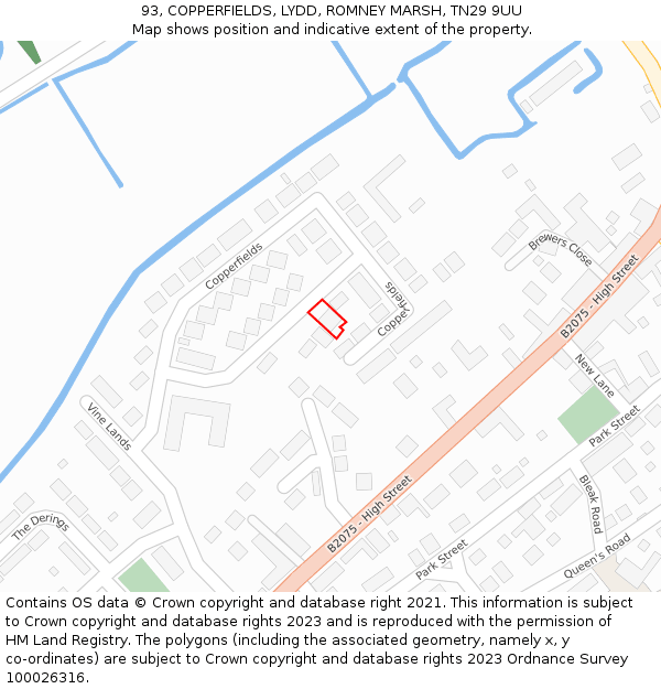 93, COPPERFIELDS, LYDD, ROMNEY MARSH, TN29 9UU: Location map and indicative extent of plot