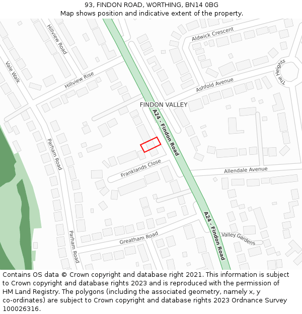 93, FINDON ROAD, WORTHING, BN14 0BG: Location map and indicative extent of plot