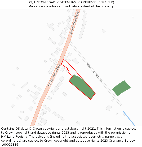 93, HISTON ROAD, COTTENHAM, CAMBRIDGE, CB24 8UQ: Location map and indicative extent of plot