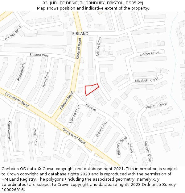 93, JUBILEE DRIVE, THORNBURY, BRISTOL, BS35 2YJ: Location map and indicative extent of plot