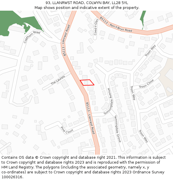 93, LLANRWST ROAD, COLWYN BAY, LL28 5YL: Location map and indicative extent of plot