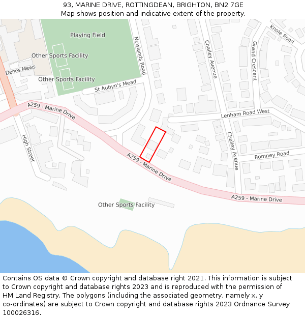 93, MARINE DRIVE, ROTTINGDEAN, BRIGHTON, BN2 7GE: Location map and indicative extent of plot