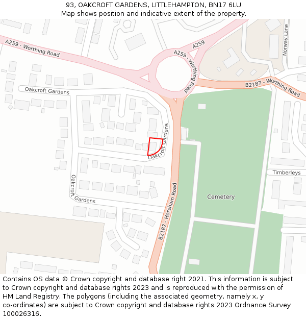 93, OAKCROFT GARDENS, LITTLEHAMPTON, BN17 6LU: Location map and indicative extent of plot