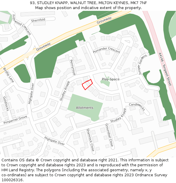 93, STUDLEY KNAPP, WALNUT TREE, MILTON KEYNES, MK7 7NF: Location map and indicative extent of plot