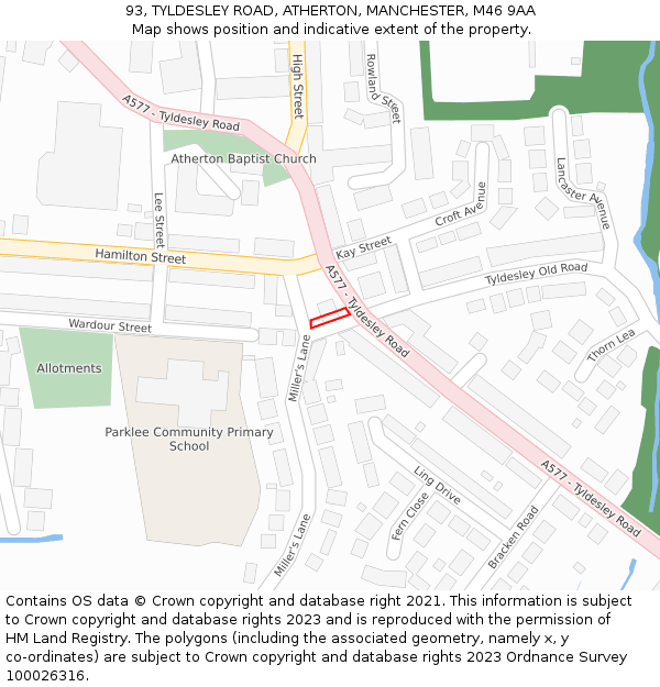 93, TYLDESLEY ROAD, ATHERTON, MANCHESTER, M46 9AA: Location map and indicative extent of plot