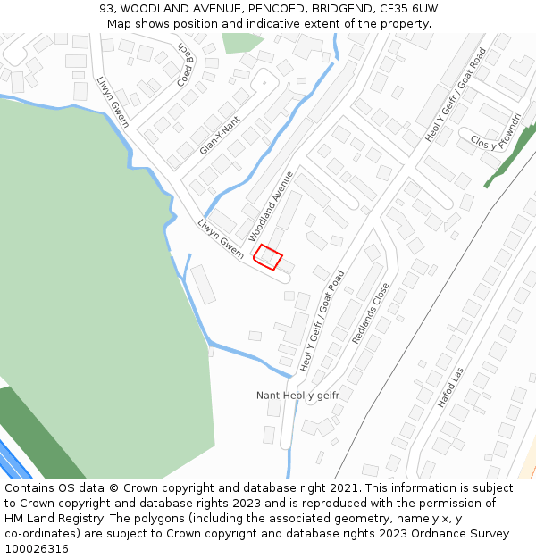 93, WOODLAND AVENUE, PENCOED, BRIDGEND, CF35 6UW: Location map and indicative extent of plot