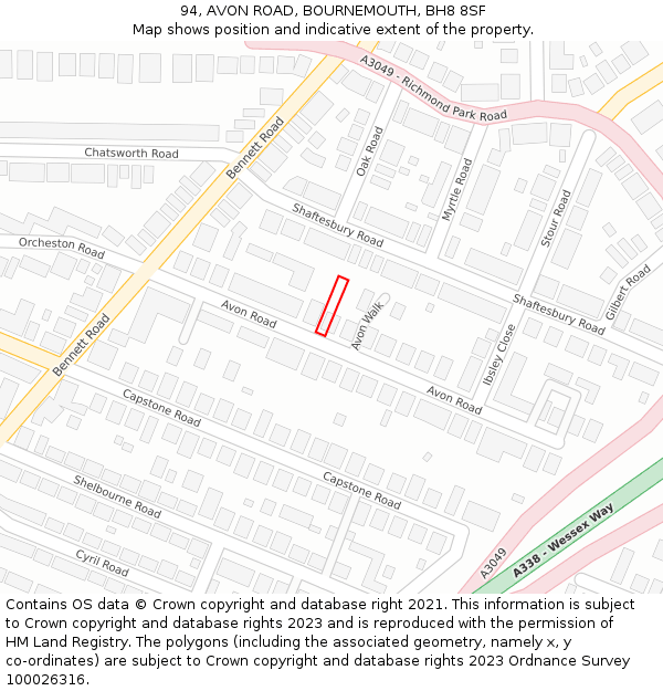 94, AVON ROAD, BOURNEMOUTH, BH8 8SF: Location map and indicative extent of plot