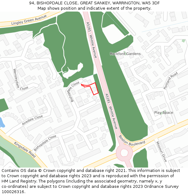 94, BISHOPDALE CLOSE, GREAT SANKEY, WARRINGTON, WA5 3DF: Location map and indicative extent of plot