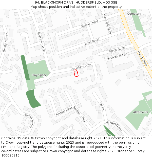 94, BLACKTHORN DRIVE, HUDDERSFIELD, HD3 3SB: Location map and indicative extent of plot