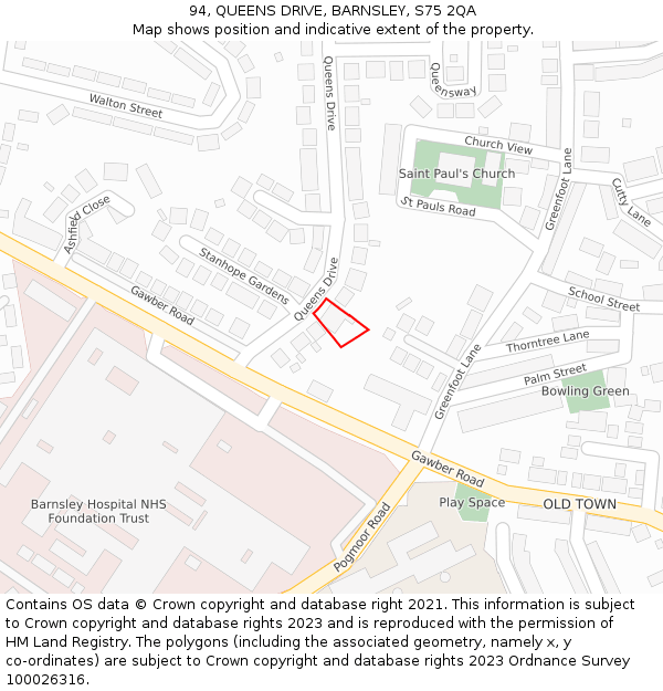 94, QUEENS DRIVE, BARNSLEY, S75 2QA: Location map and indicative extent of plot