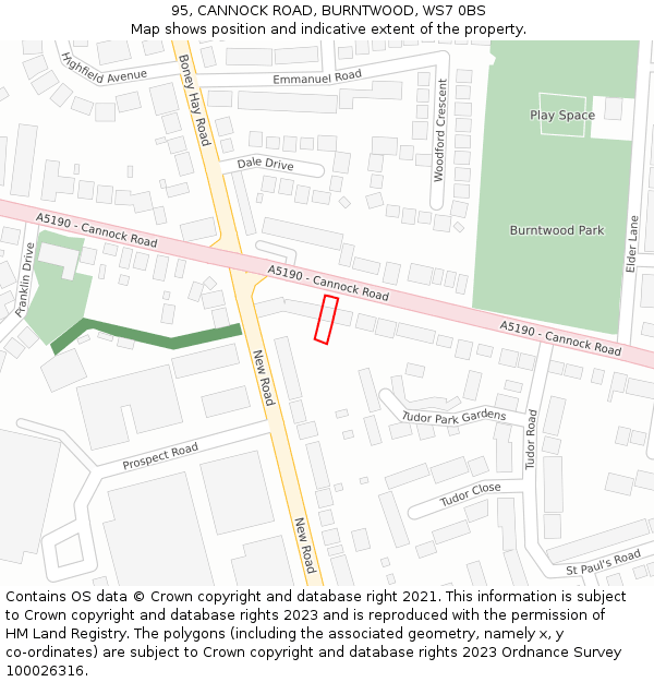 95, CANNOCK ROAD, BURNTWOOD, WS7 0BS: Location map and indicative extent of plot