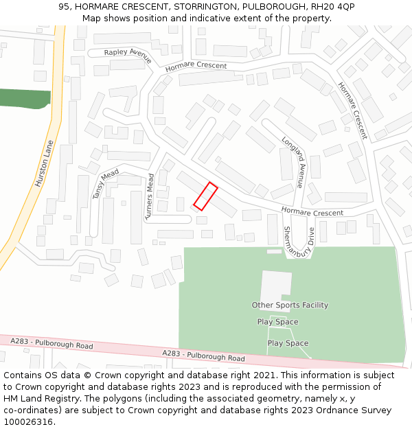 95, HORMARE CRESCENT, STORRINGTON, PULBOROUGH, RH20 4QP: Location map and indicative extent of plot