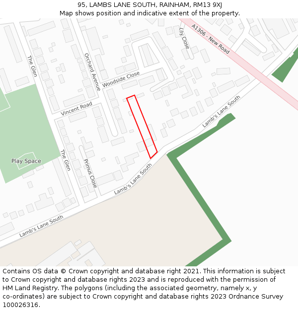 95, LAMBS LANE SOUTH, RAINHAM, RM13 9XJ: Location map and indicative extent of plot