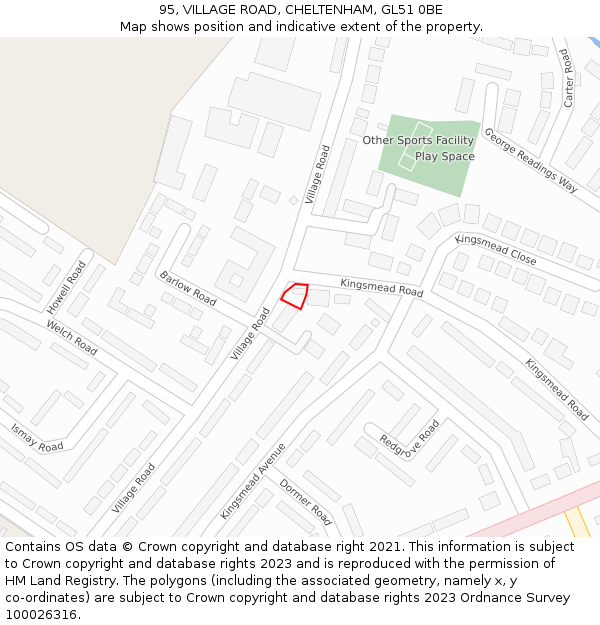 95, VILLAGE ROAD, CHELTENHAM, GL51 0BE: Location map and indicative extent of plot