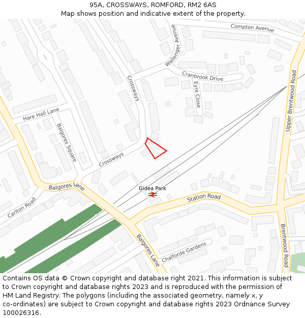 95A, CROSSWAYS, ROMFORD, RM2 6AS: Location map and indicative extent of plot