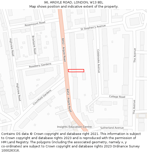 96, ARGYLE ROAD, LONDON, W13 8EL: Location map and indicative extent of plot