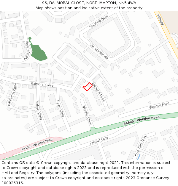 96, BALMORAL CLOSE, NORTHAMPTON, NN5 4WA: Location map and indicative extent of plot