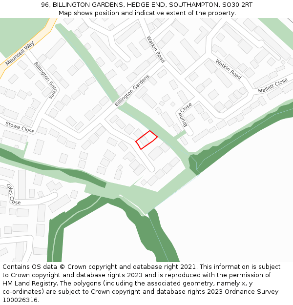 96, BILLINGTON GARDENS, HEDGE END, SOUTHAMPTON, SO30 2RT: Location map and indicative extent of plot