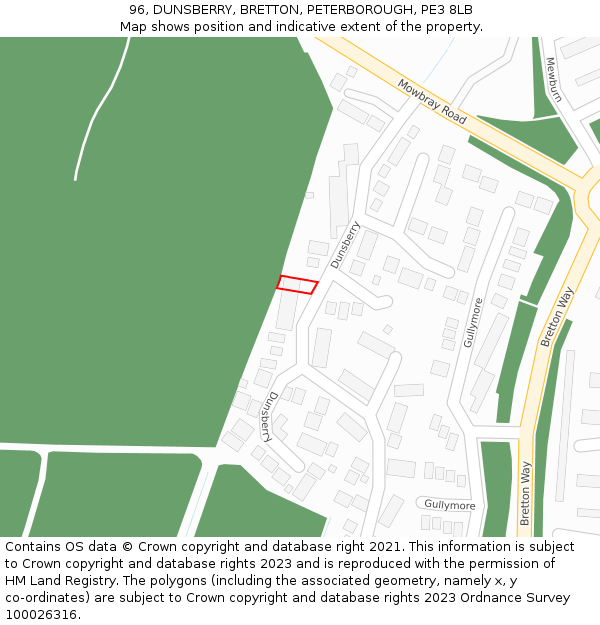 96, DUNSBERRY, BRETTON, PETERBOROUGH, PE3 8LB: Location map and indicative extent of plot